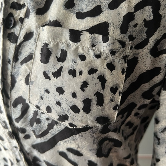 Long Sleeve Silk Snow Leopard Print Dress with Buttoned Top & Eyelash Lace Trim - Picture 8 of 13